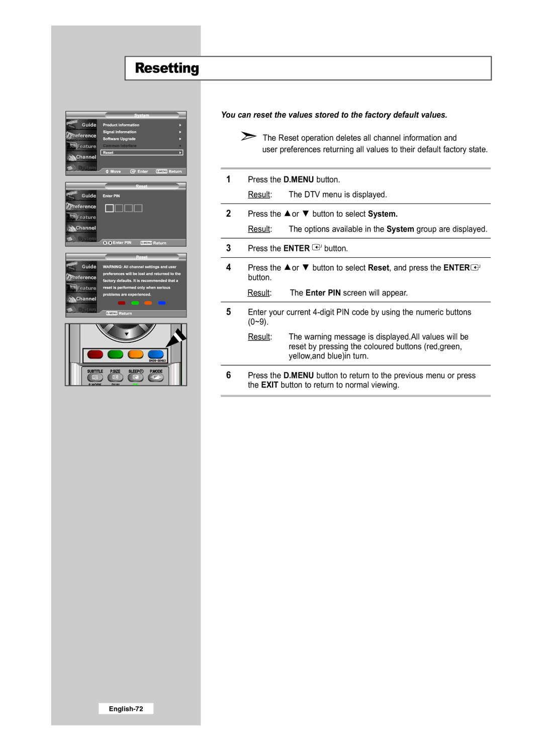 Samsung LE32R41BD, LE26R41BD, LE32R51BD, LE26R51BD manual Resetting 