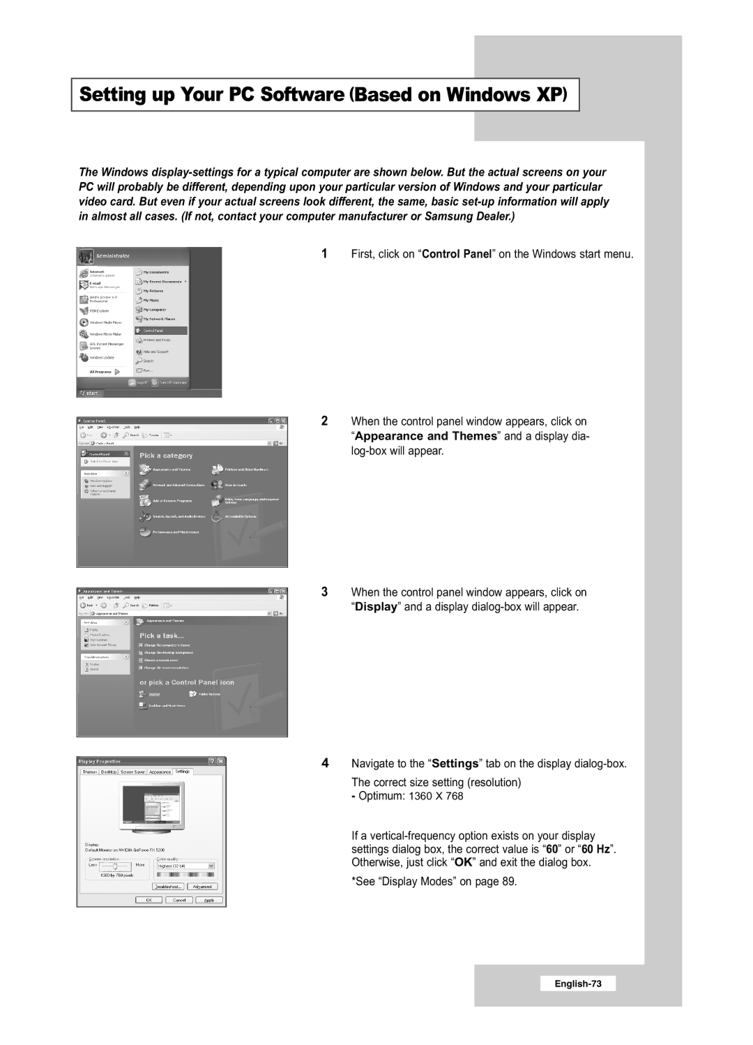 Samsung LE26R51BD Setting up Your PC Software Based on Windows XP, Navigate to the Settings tab on the display dialog-box 