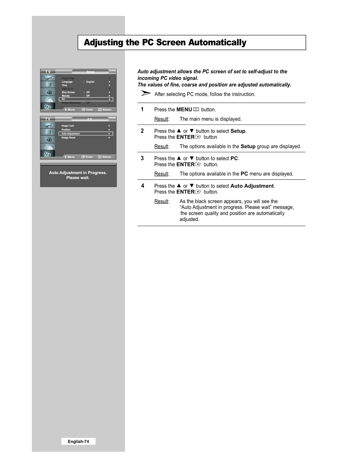 Samsung LE26R41BD, LE32R51BD, LE32R41BD, LE26R51BD manual Adjusting the PC Screen Automatically 