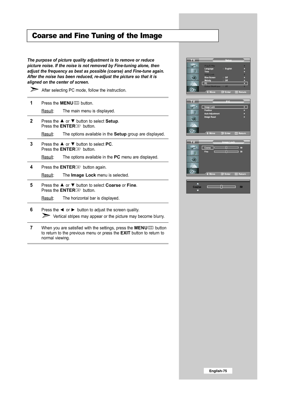 Samsung LE32R51BD, LE26R41BD, LE32R41BD, LE26R51BD manual Coarse and Fine Tuning of the Image 