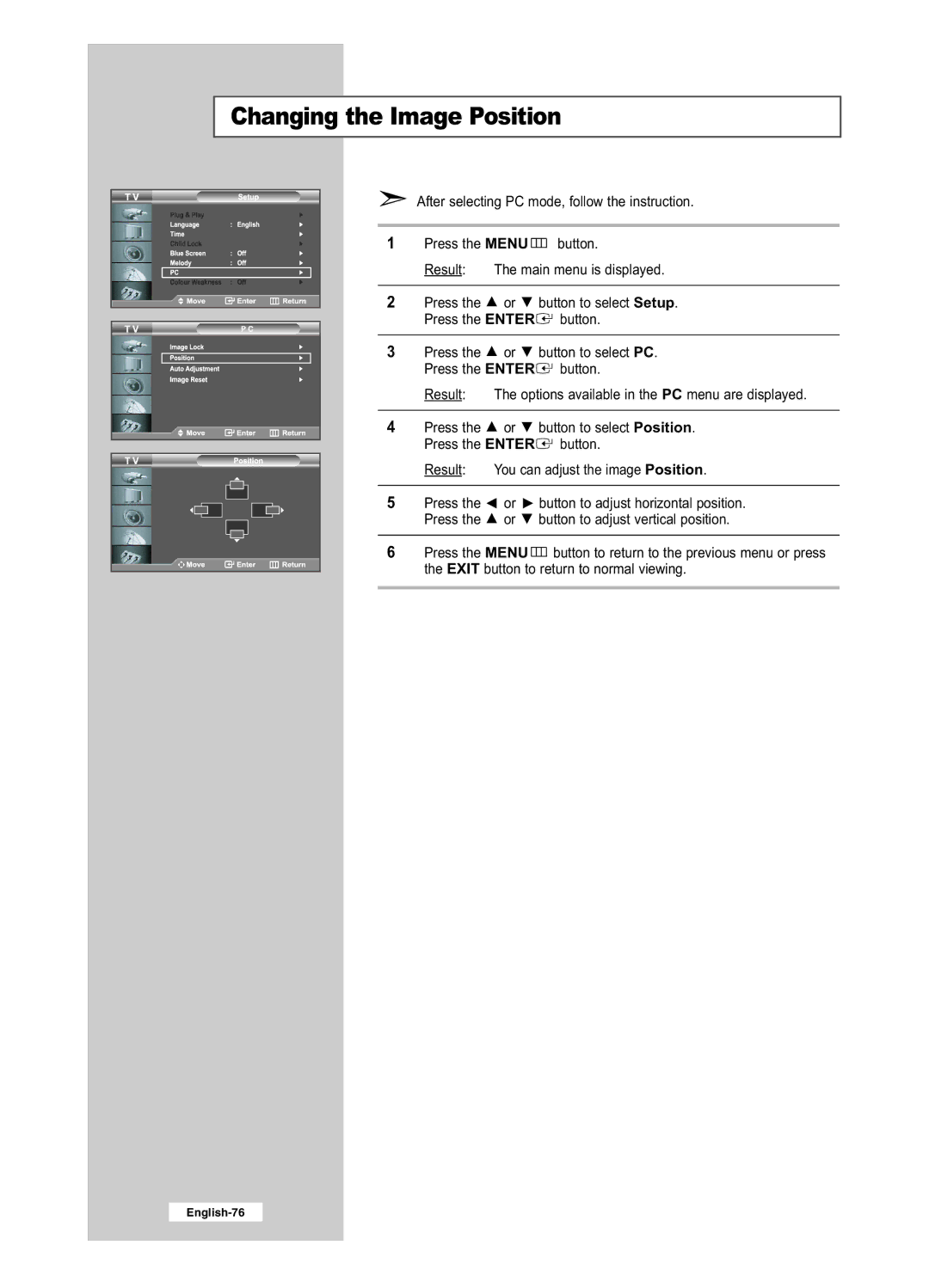 Samsung LE32R41BD, LE26R41BD, LE32R51BD, LE26R51BD manual Changing the Image Position 