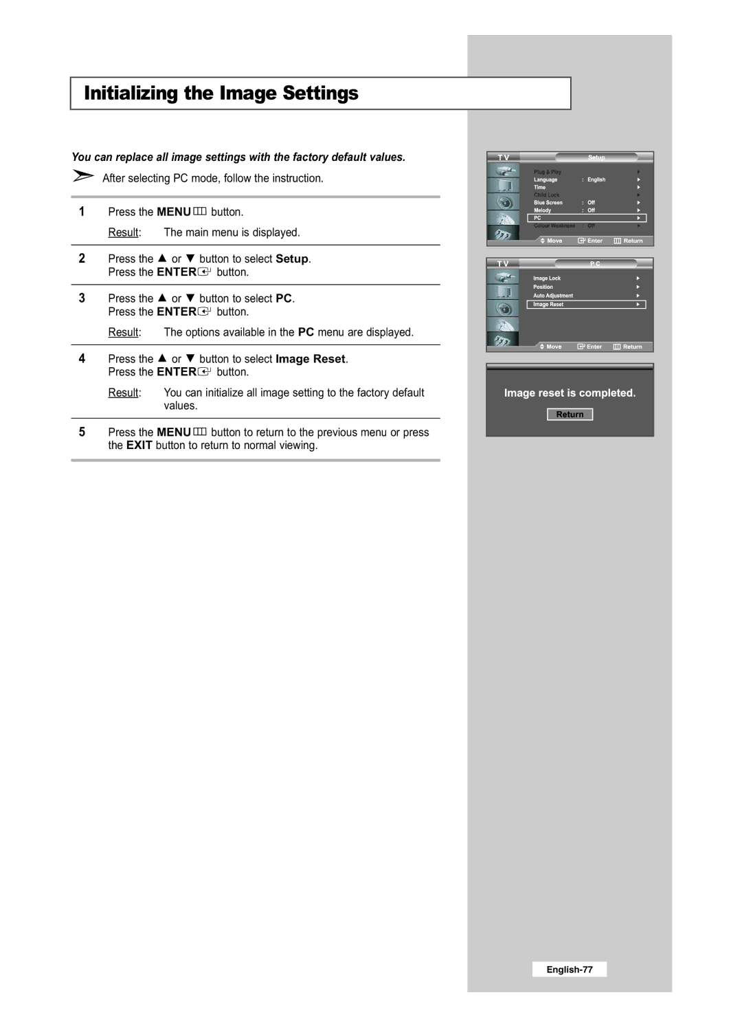 Samsung LE26R51BD, LE26R41BD, LE32R51BD, LE32R41BD manual Initializing the Image Settings 