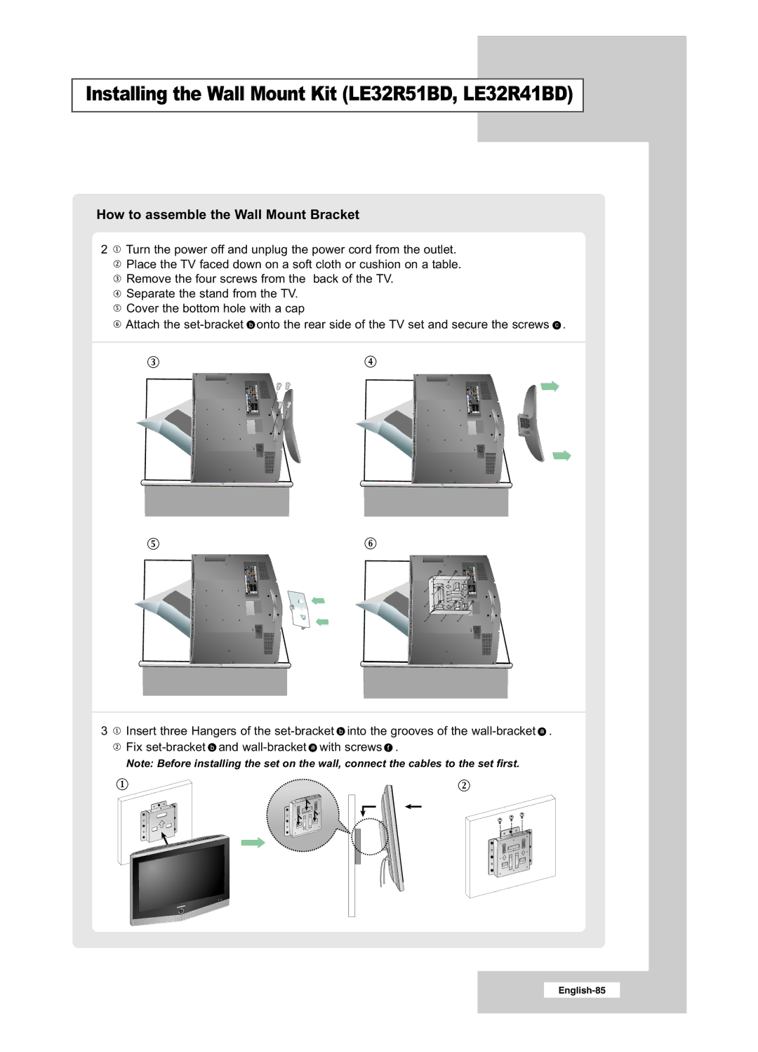 Samsung LE26R51BD, LE26R41BD manual Installing the Wall Mount Kit LE32R51BD, LE32R41BD 