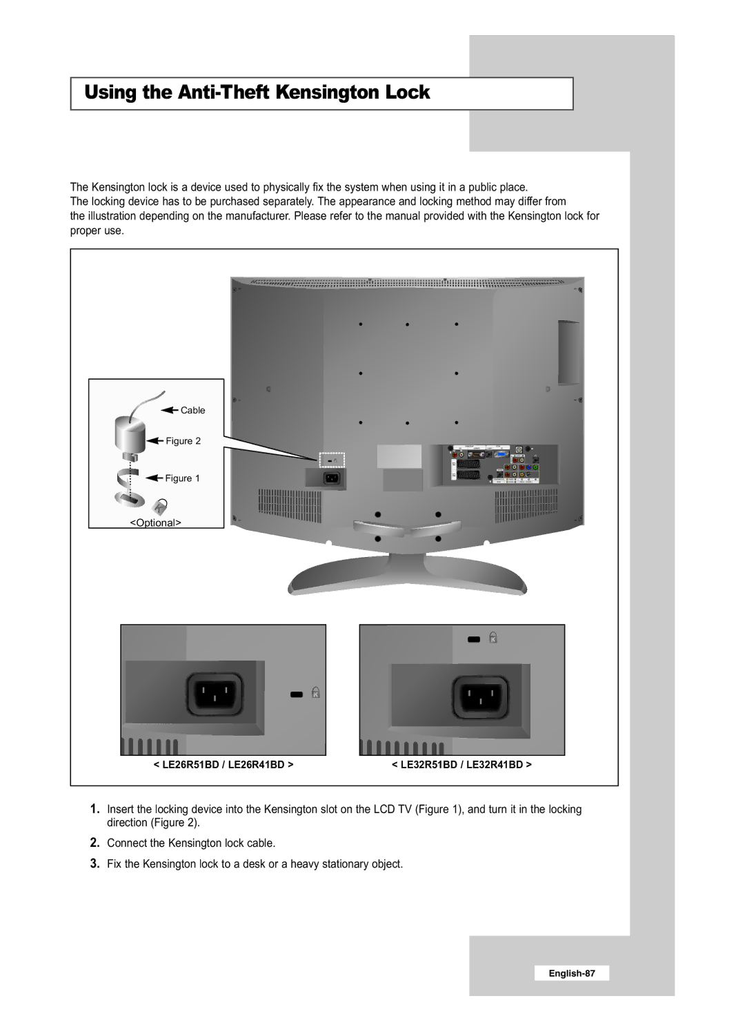 Samsung LE32R51BD, LE26R41BD, LE32R41BD, LE26R51BD manual Using the Anti-Theft Kensington Lock 