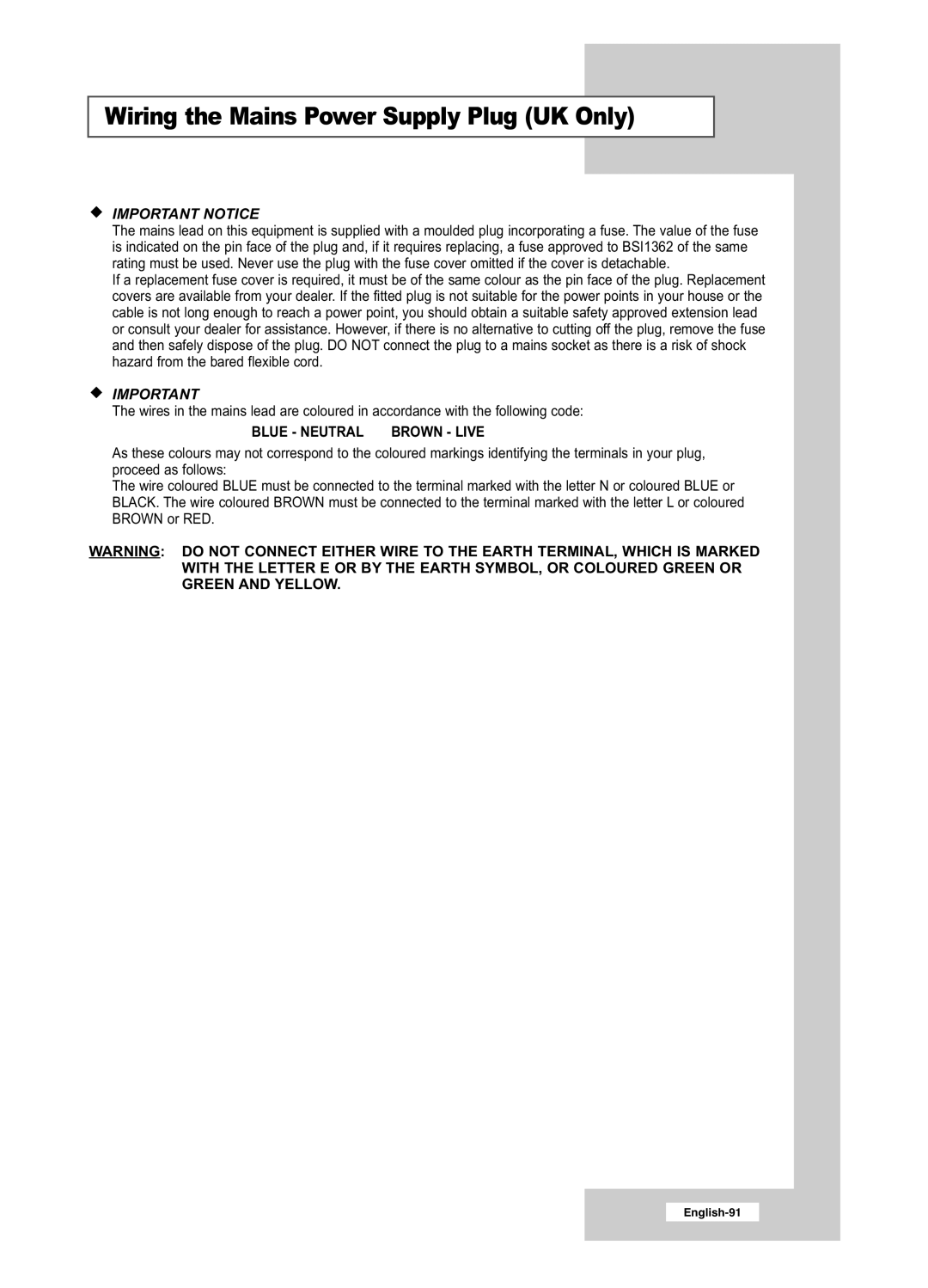 Samsung LE32R51BD, LE26R41BD, LE32R41BD, LE26R51BD manual Wiring the Mains Power Supply Plug UK Only, Important Notice 