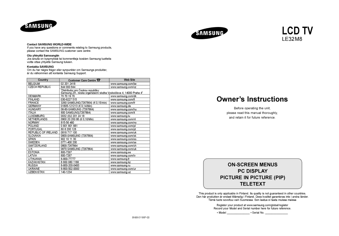 Samsung LE32M8 manual Contact Samsung WORLD-WIDE, Ota yhteyttä Samsungiin, Kontakta Samsung 