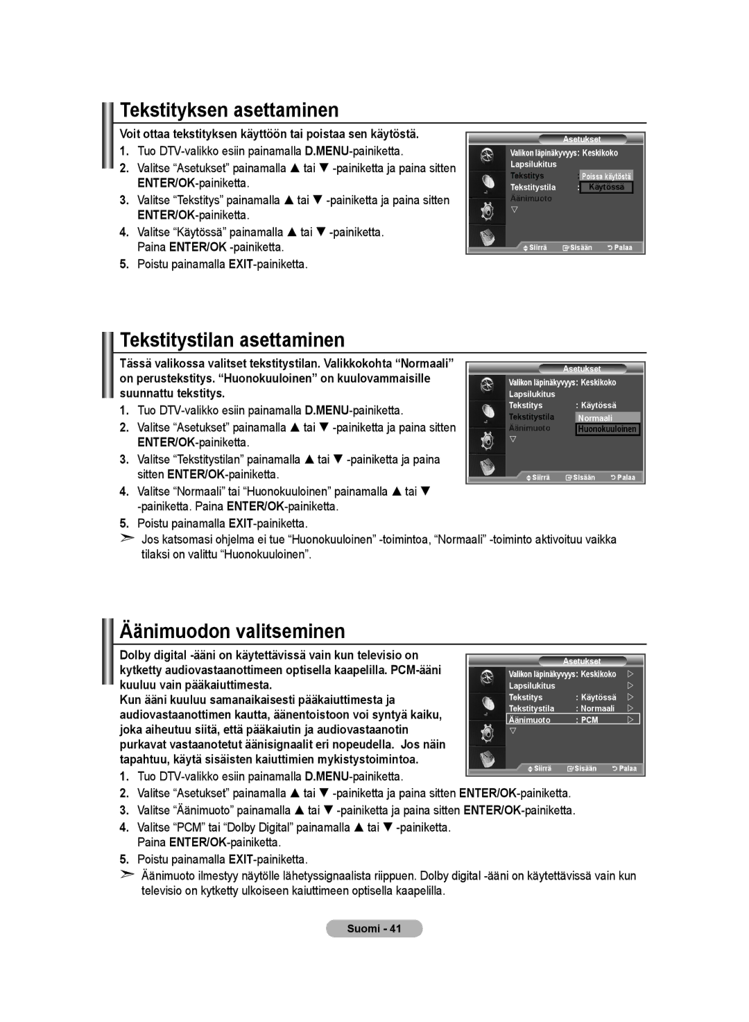 Samsung LE32M8 manual Tekstityksen asettaminen, Tekstitystilan asettaminen, Äänimuodon valitseminen 