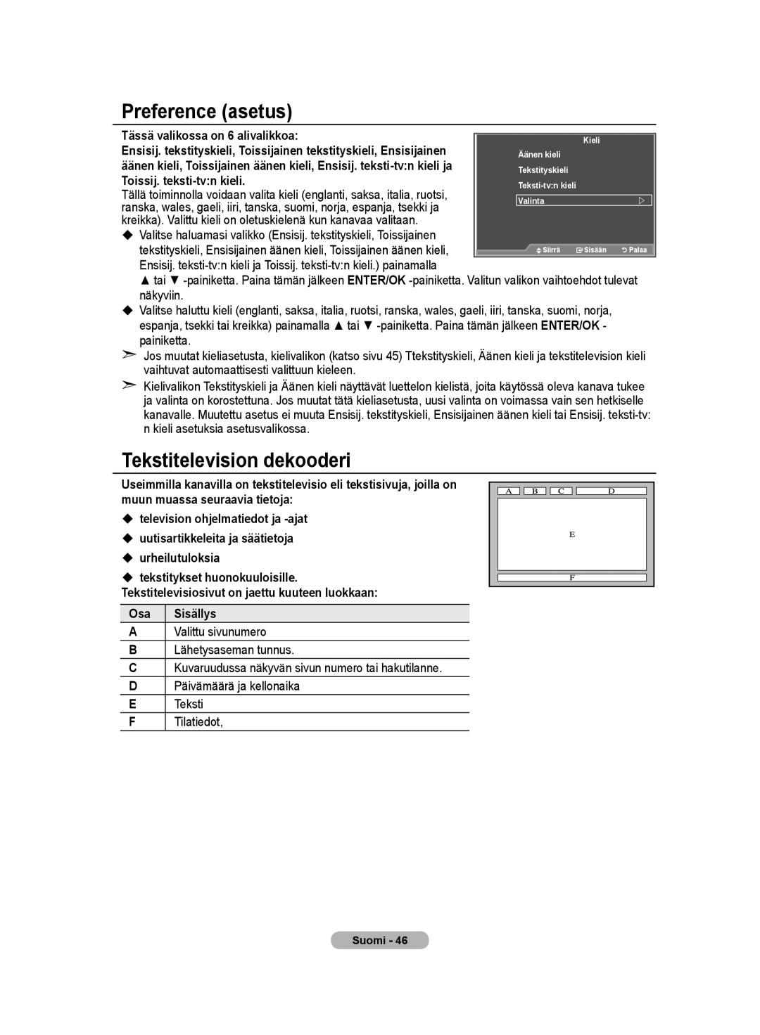 Samsung LE32M8 manual Preference asetus, Tekstitelevision dekooderi 