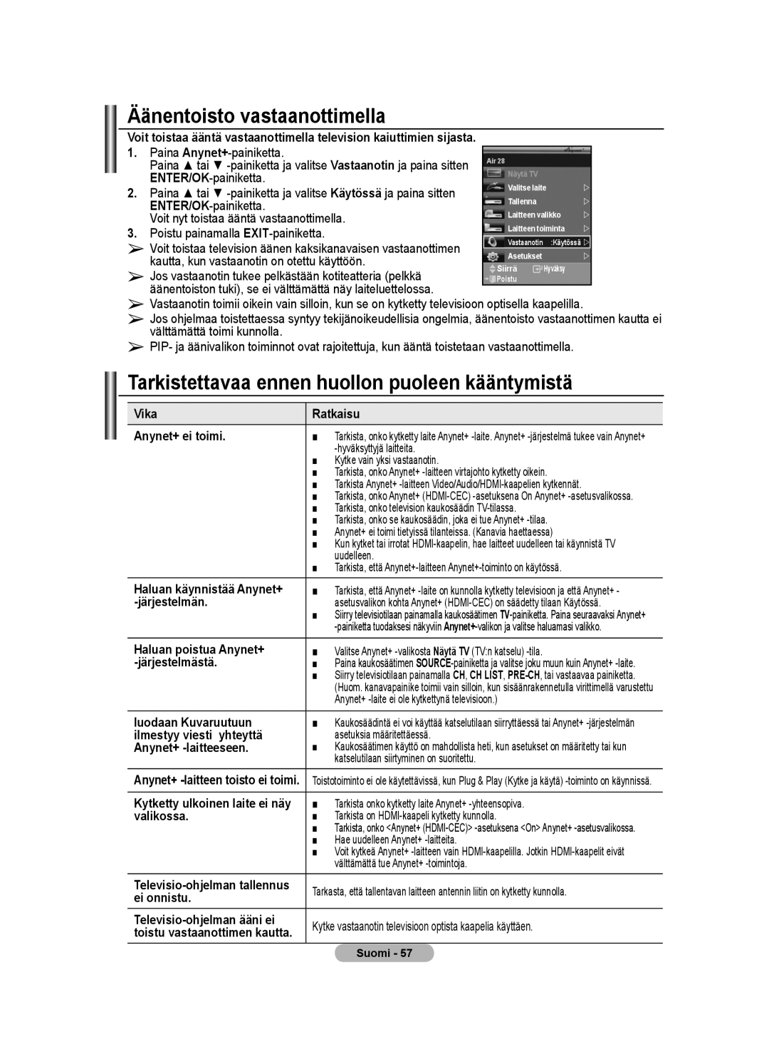 Samsung LE32M8 manual Äänentoisto vastaanottimella, Tarkistettavaa ennen huollon puoleen kääntymistä 