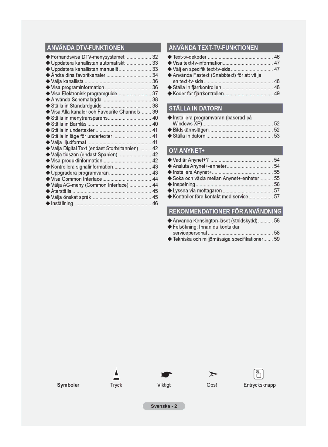 Samsung LE32M8 manual  Använda Fastext Snabbtext för att välja, Symboler, Tryck Viktigt Obs 