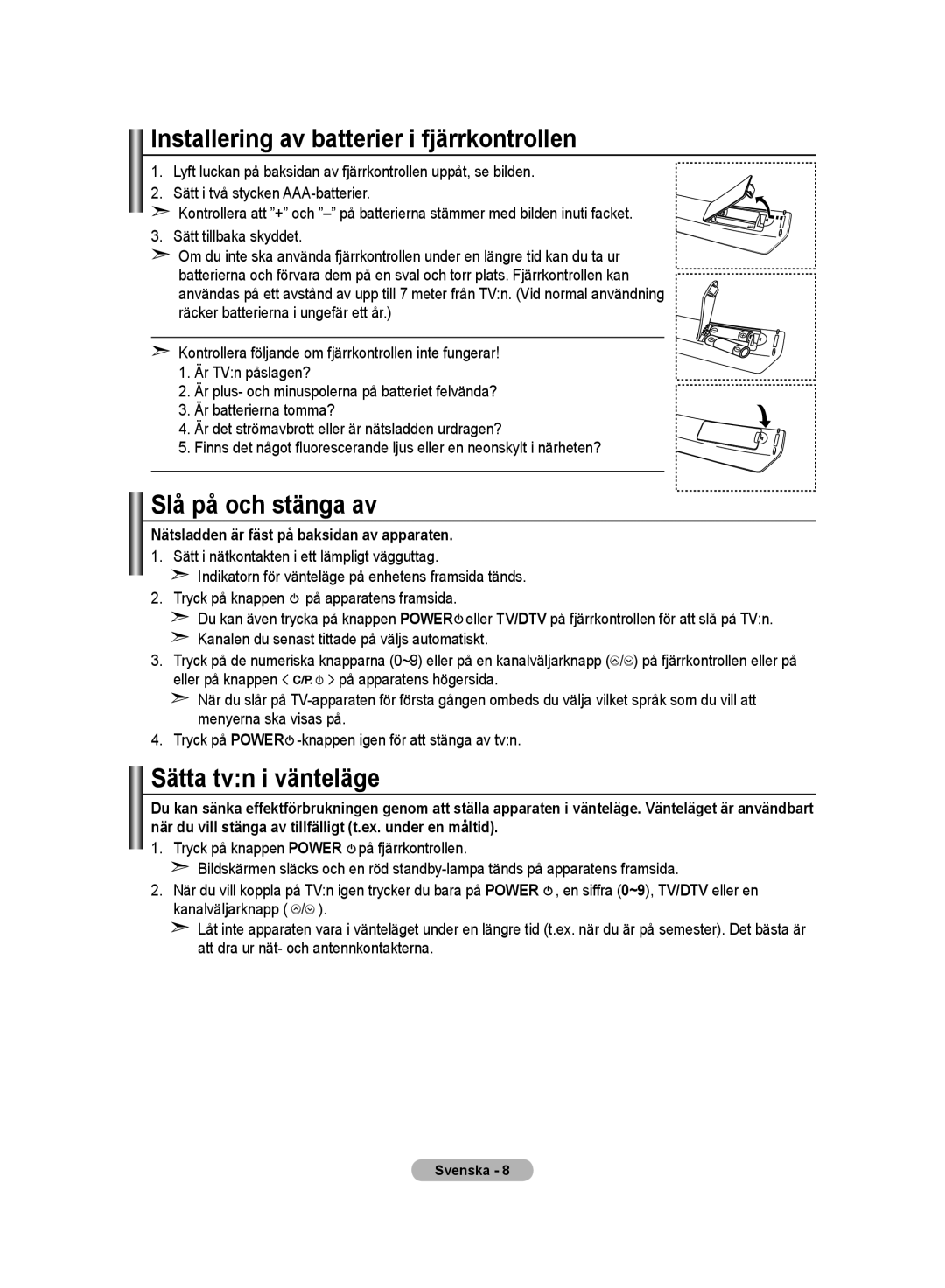 Samsung LE32M8 manual Installering av batterier i fjärrkontrollen, Slå på och stänga av, Sätta tvn i vänteläge 