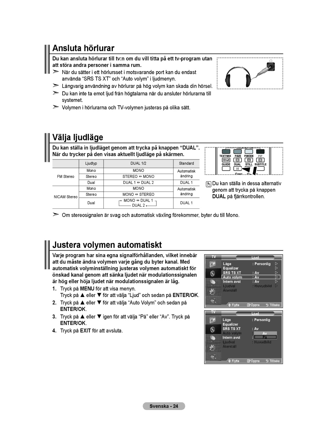 Samsung LE32M8 manual Ansluta hörlurar, Välja ljudläge, Justera volymen automatiskt 