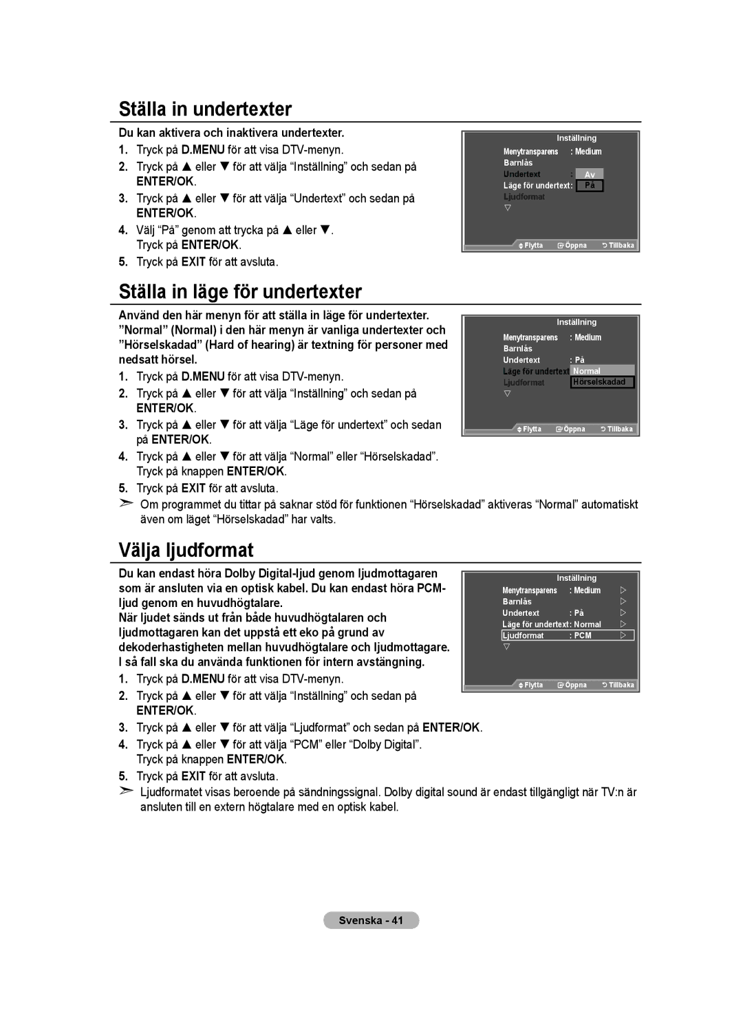 Samsung LE32M8 manual Ställa in undertexter, Ställa in läge för undertexter, Välja ljudformat 