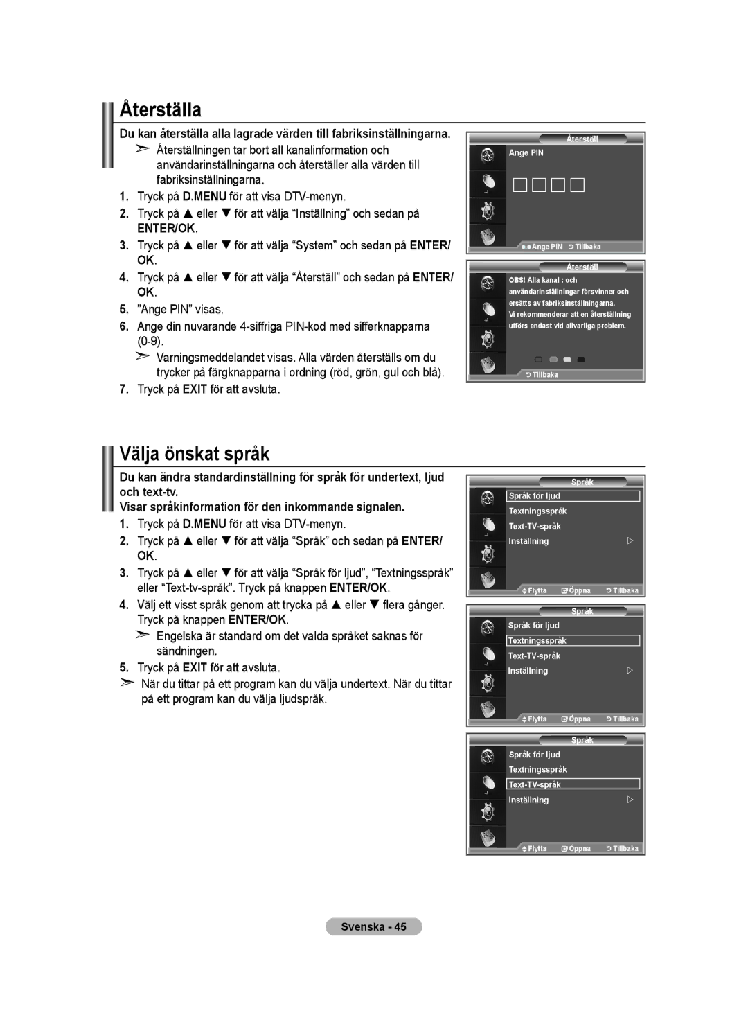 Samsung LE32M8 manual Återställa, Välja önskat språk 