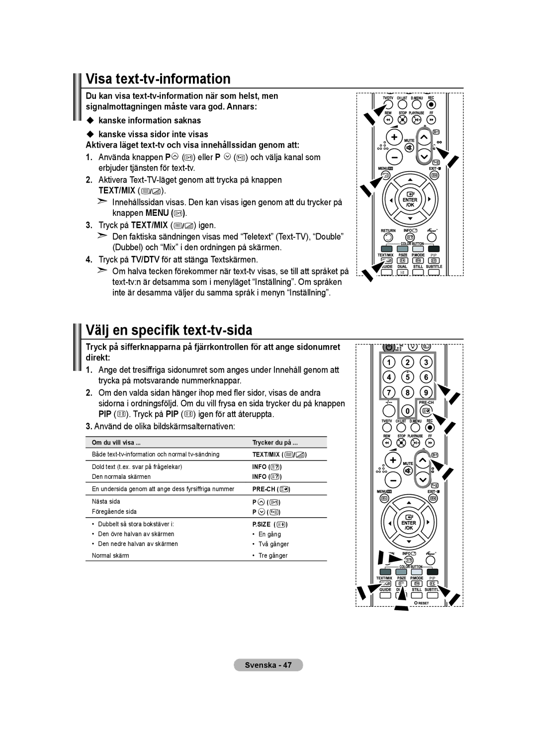 Samsung LE32M8 manual Visa text-tv-information, Välj en specifik text-tv-sida, Använd de olika bildskärmsalternativen 