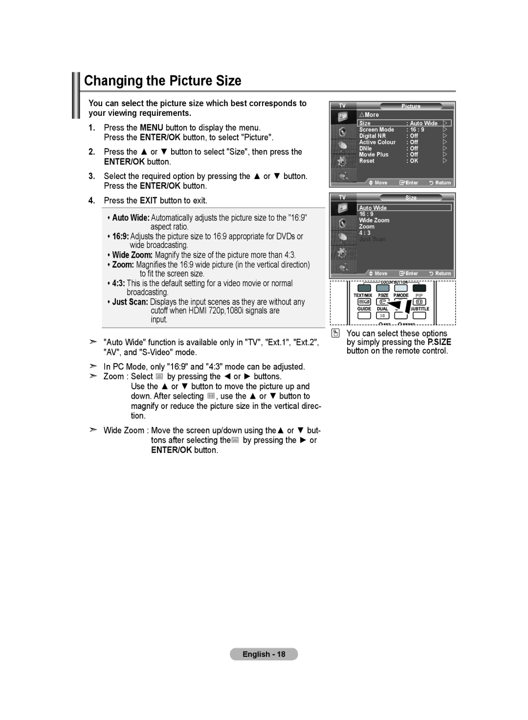 Samsung LE32M8 manual Changing the Picture Size 