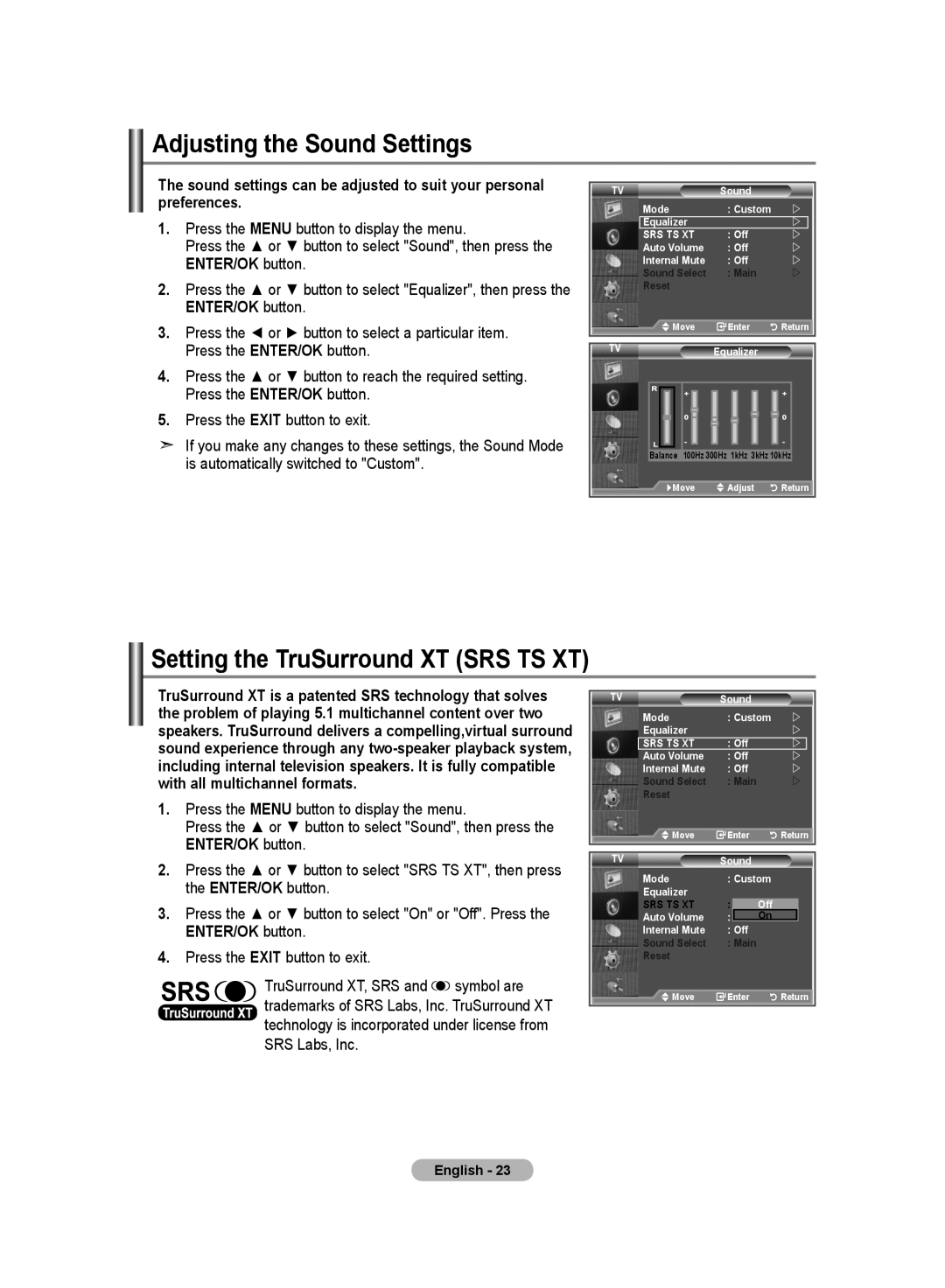 Samsung LE32M8 manual Adjusting the Sound Settings, Setting the TruSurround XT SRS TS XT 