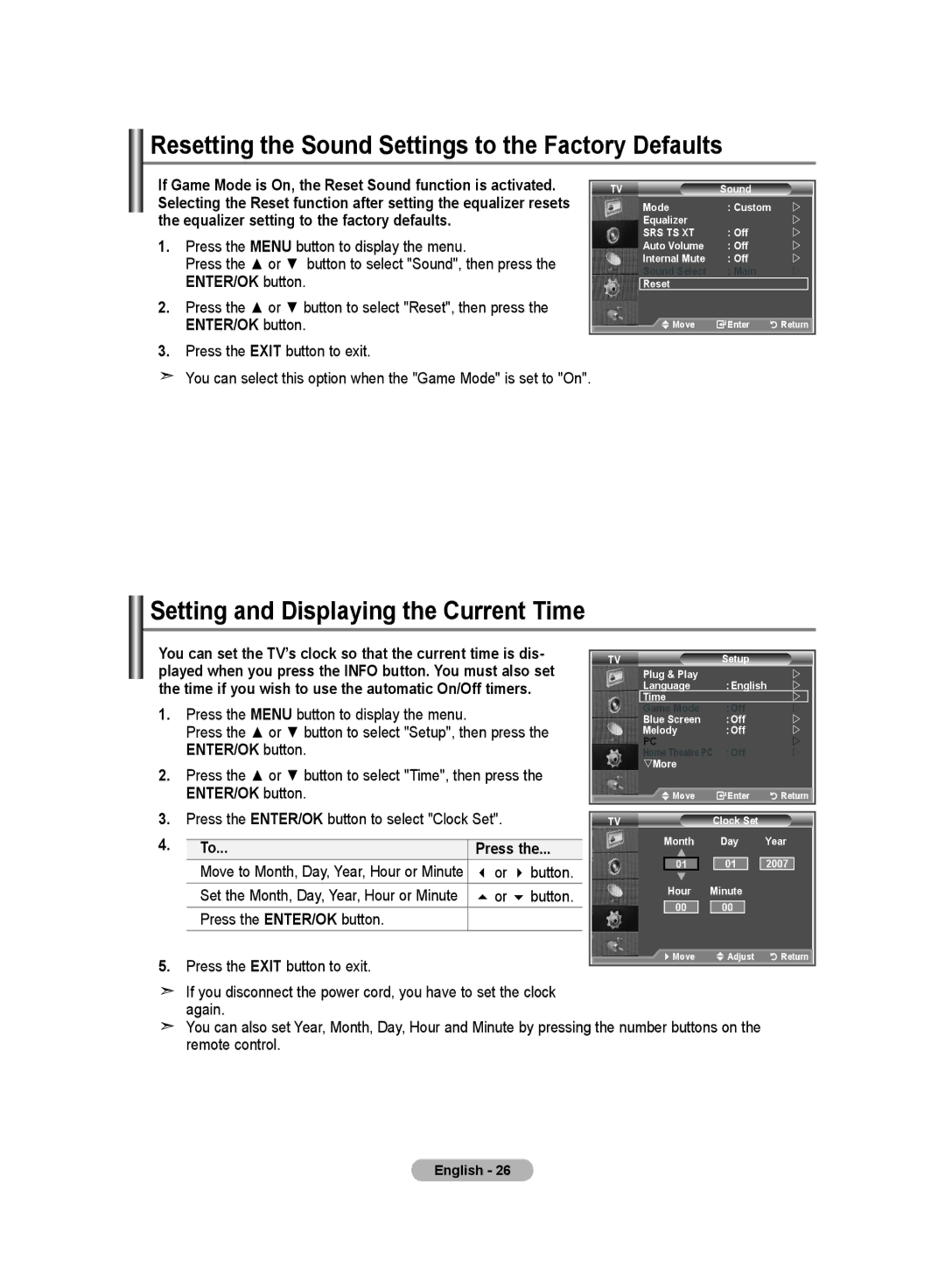 Samsung LE32M8 manual Resetting the Sound Settings to the Factory Defaults, Setting and Displaying the Current Time, Press 