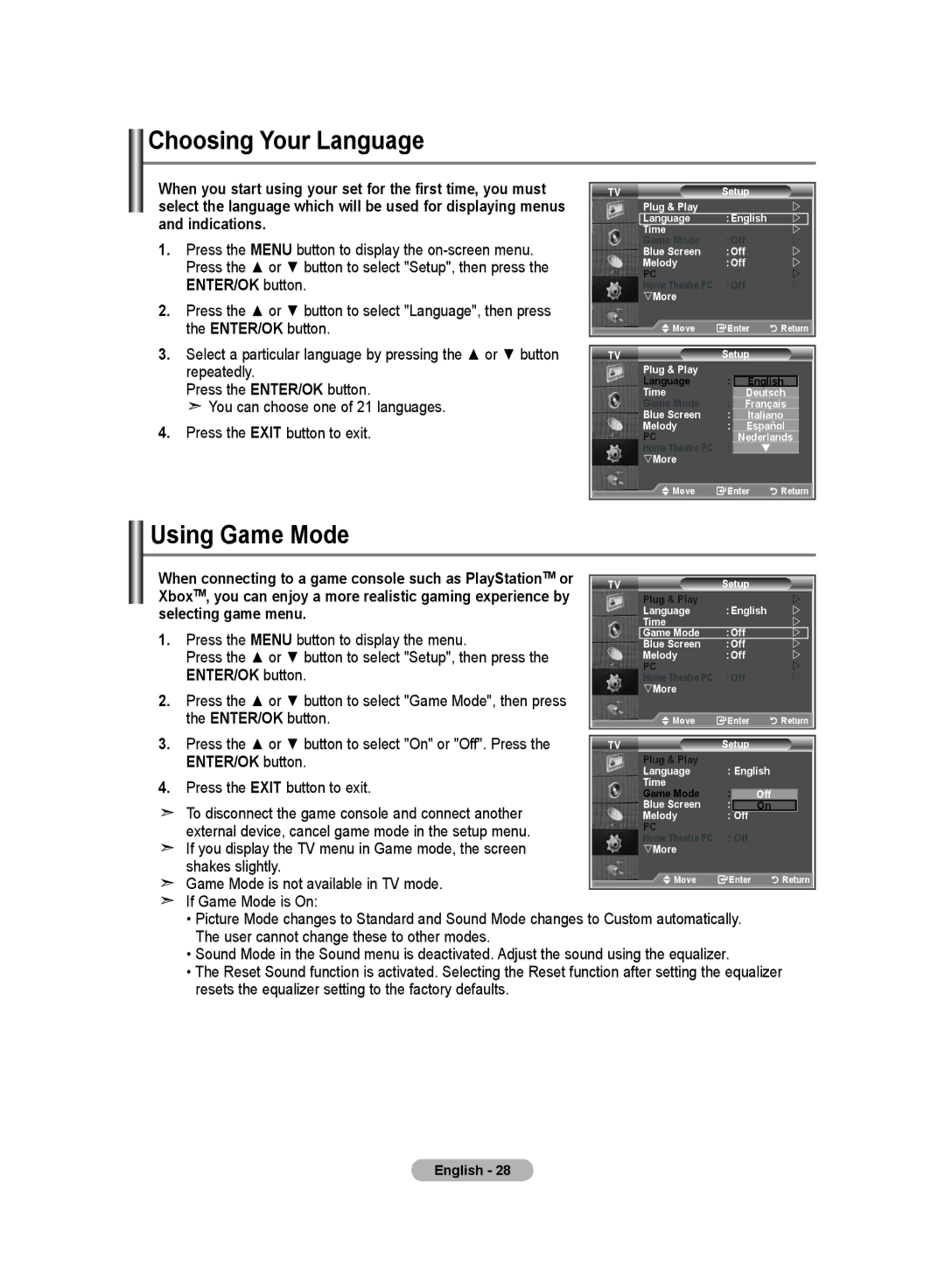 Samsung LE32M8 manual Choosing Your Language, Using Game Mode 