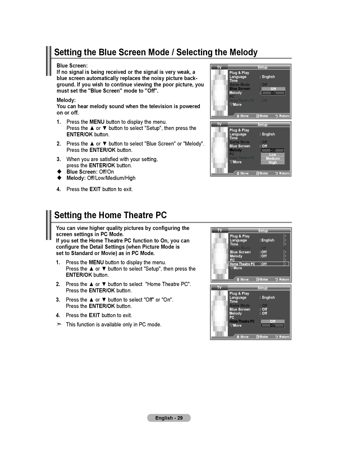 Samsung LE32M8 Setting the Blue Screen Mode / Selecting the Melody, Setting the Home Theatre PC,  Blue Screen Off/On 