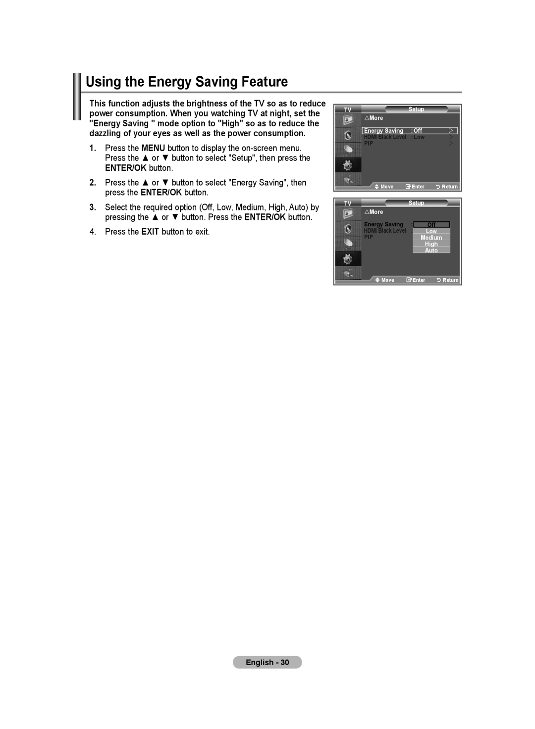 Samsung LE32M8 manual Using the Energy Saving Feature 