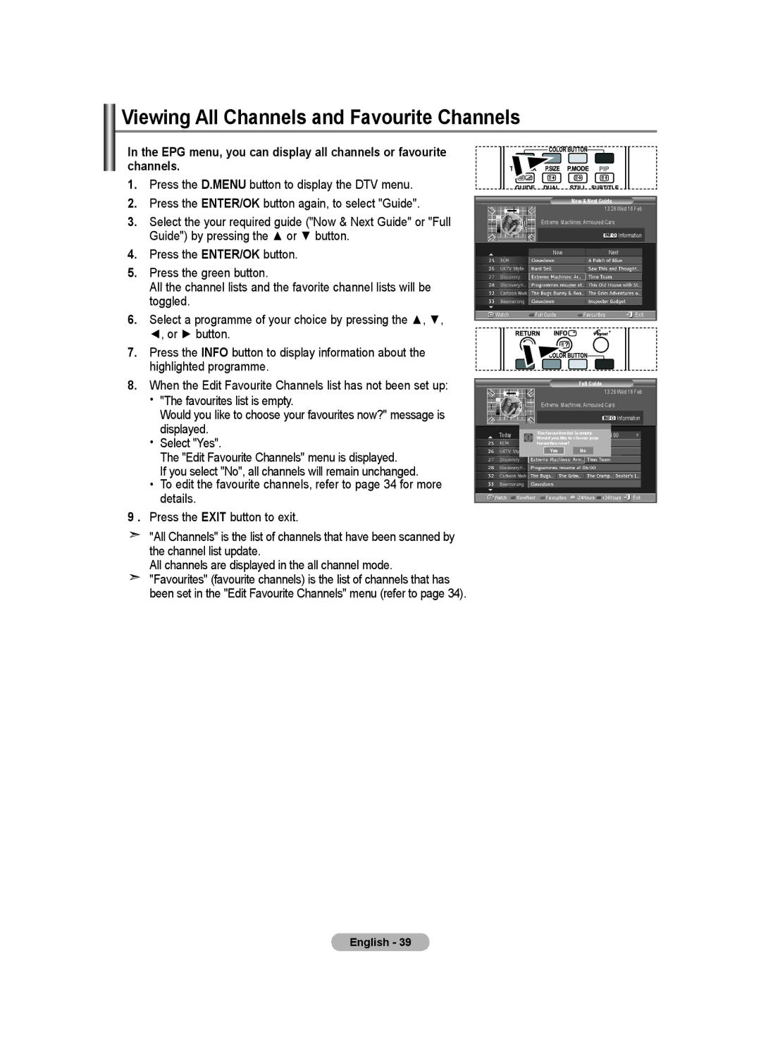 Samsung LE32M8 Viewing All Channels and Favourite Channels, EPG menu, you can display all channels or favourite channels 