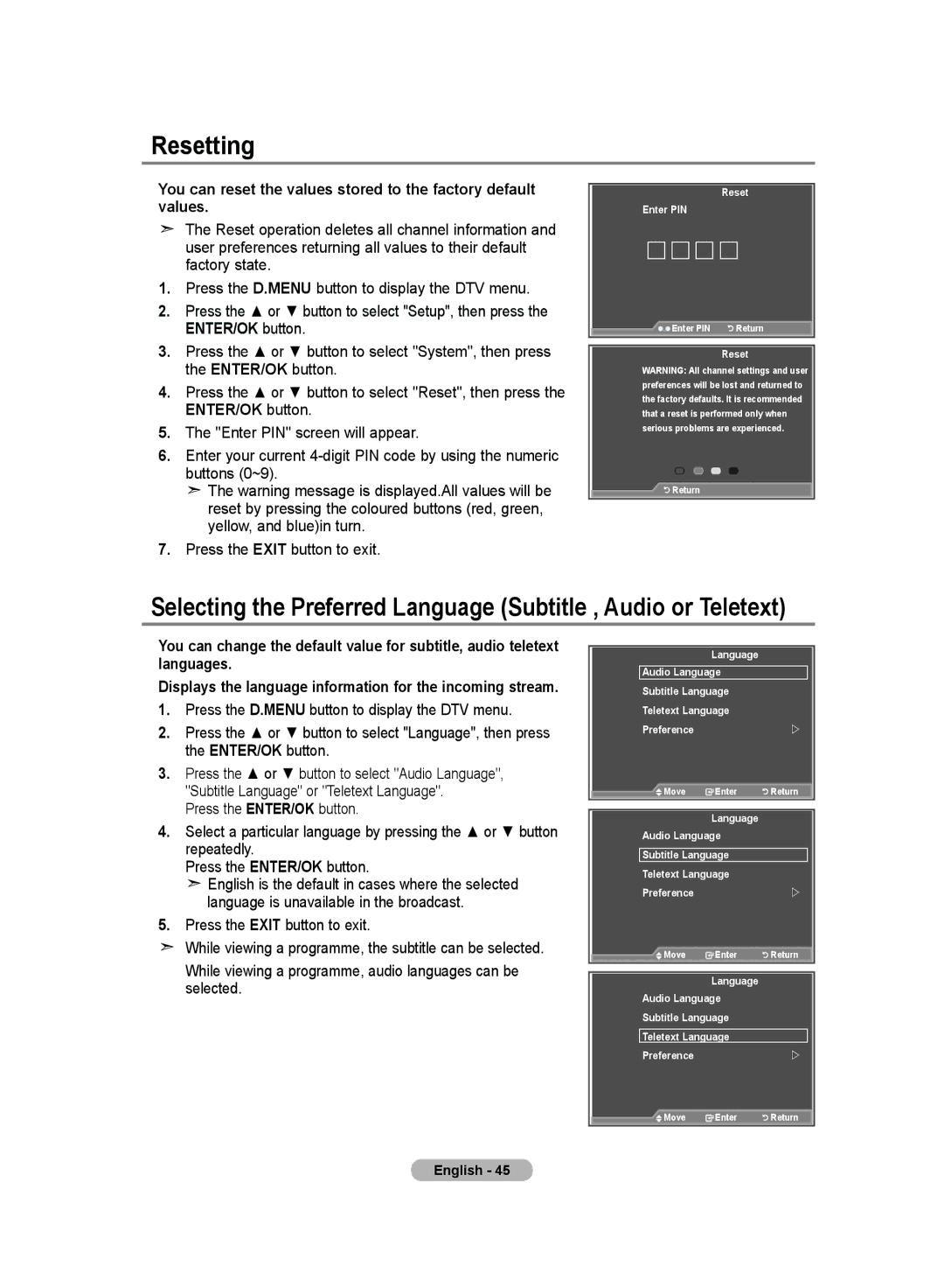 Samsung LE32M8 manual Resetting 