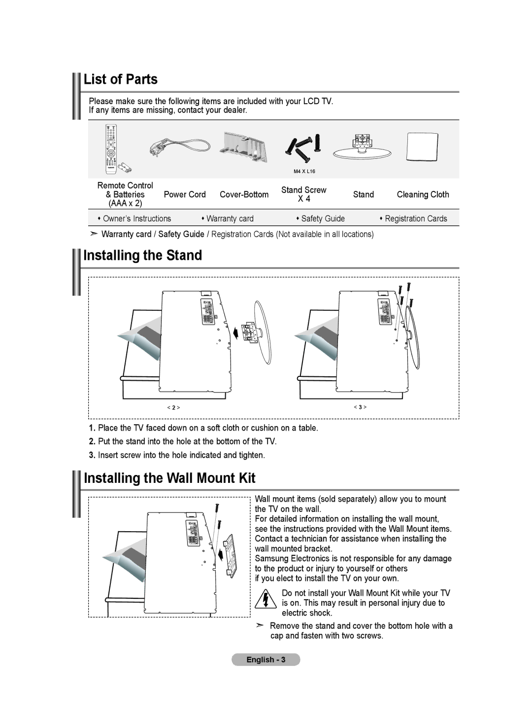 Samsung LE32M8 manual List of Parts, Installing the Stand, Installing the Wall Mount Kit 