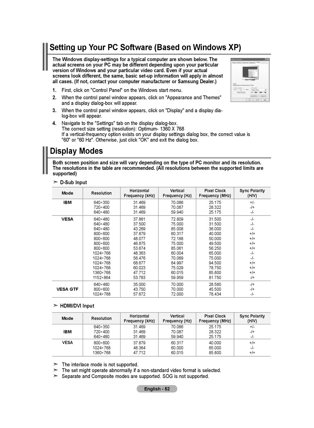 Samsung LE32M8 manual Setting up Your PC Software Based on Windows XP, Display Modes, HDMI/DVI Input 