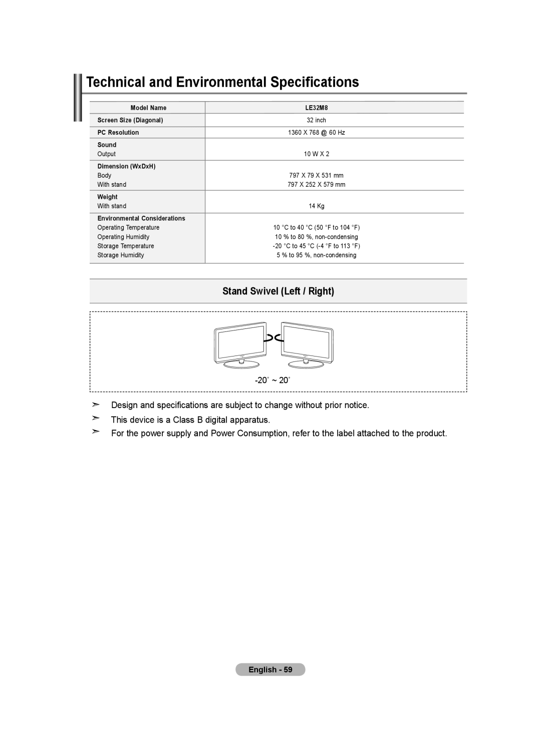 Samsung LE32M8 manual Technical and Environmental Specifications, Environmental Considerations 