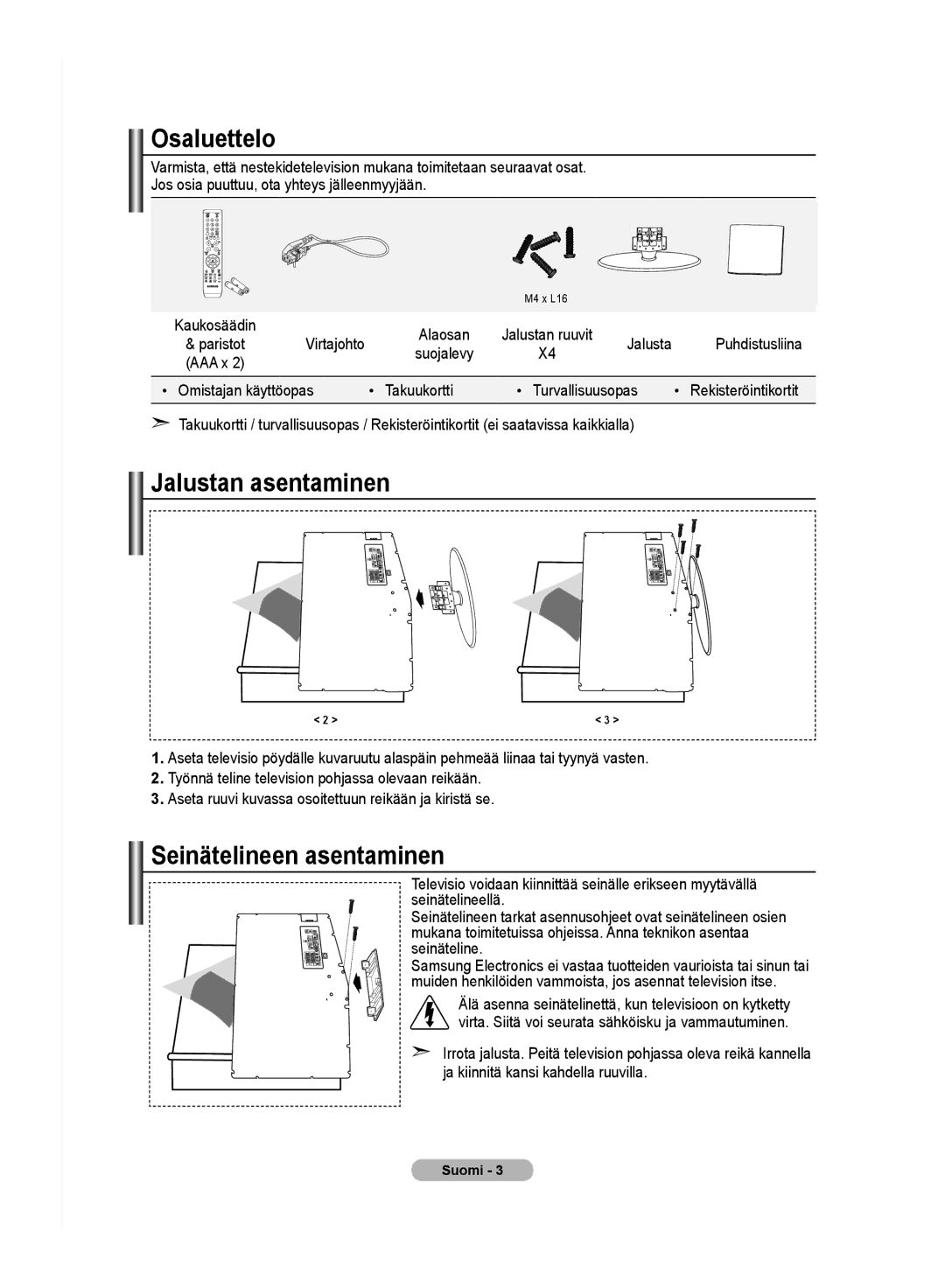 Samsung LE32M8 manual Osaluettelo, Seinätelineen asentaminen 