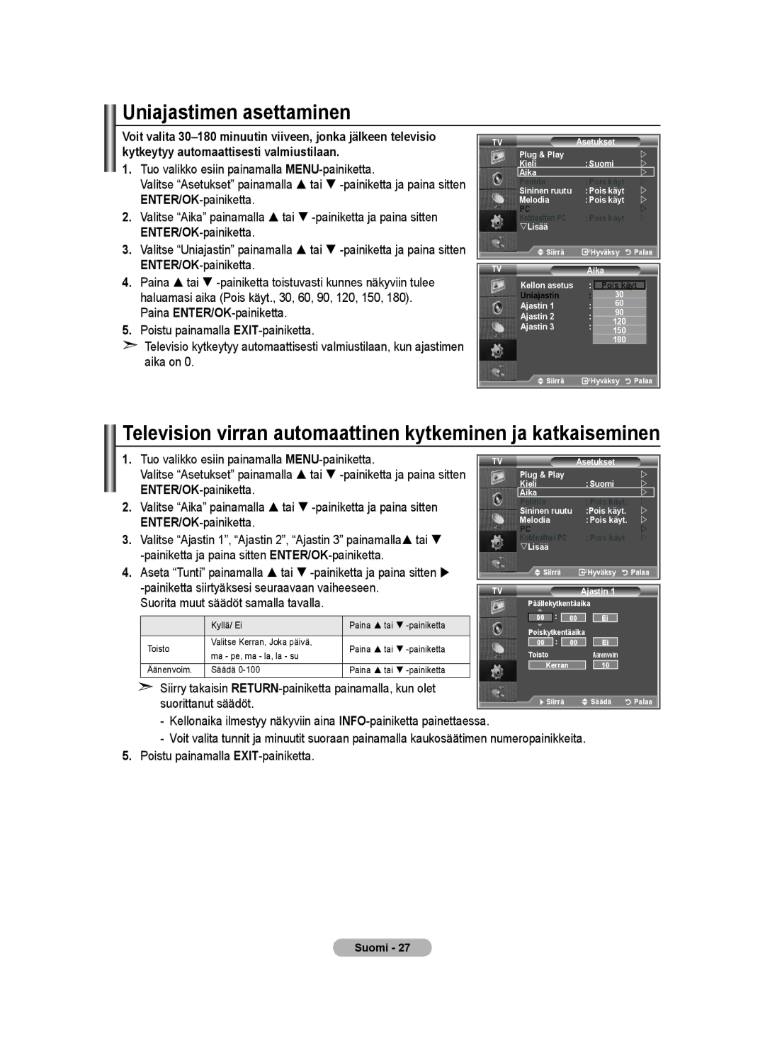 Samsung LE32M8 manual Uniajastimen asettaminen, Television virran automaattinen kytkeminen ja katkaiseminen 