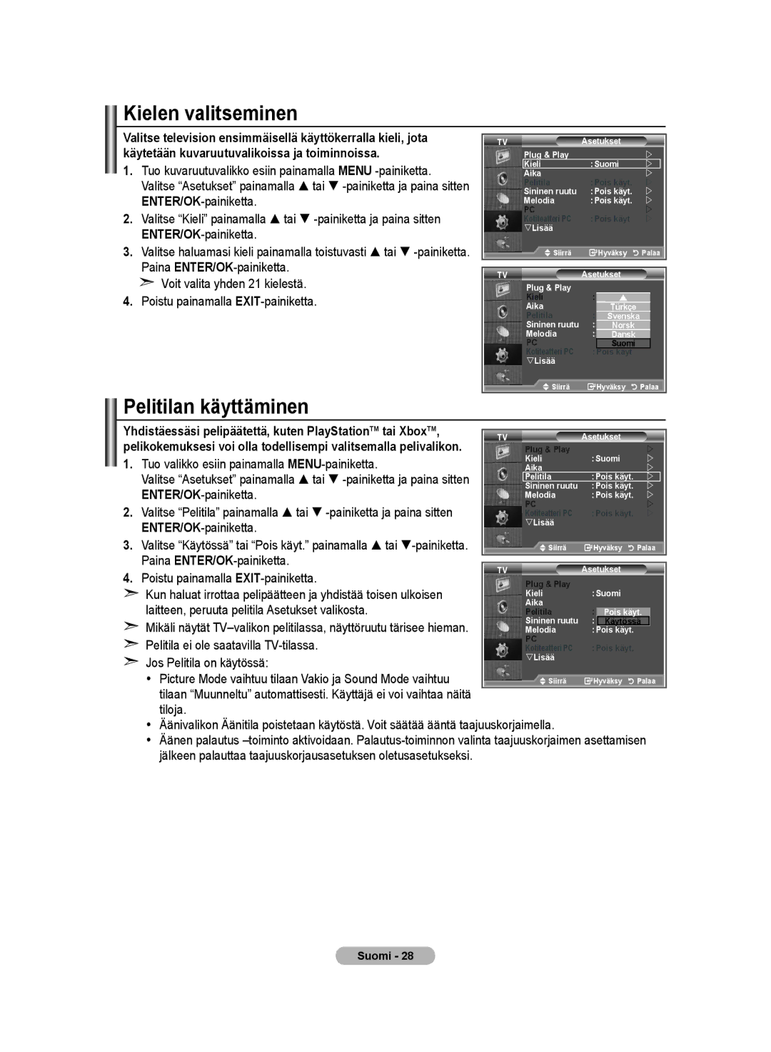 Samsung LE32M8 manual Kielen valitseminen, Pelitilan käyttäminen 