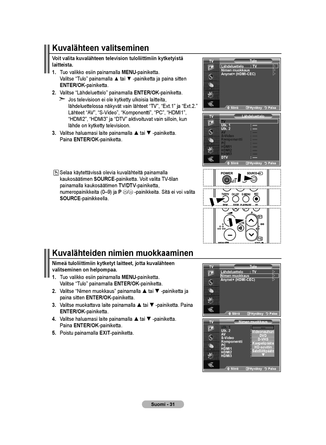 Samsung LE32M8 manual Kuvalähteen valitseminen, Kuvalähteiden nimien muokkaaminen 