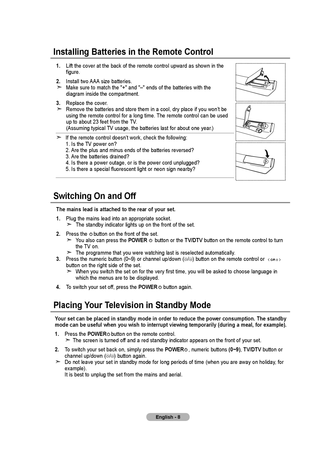 Samsung LE32MM8 Installing Batteries in the Remote Control, Switching On and Off, Placing Your Television in Standby Mode 