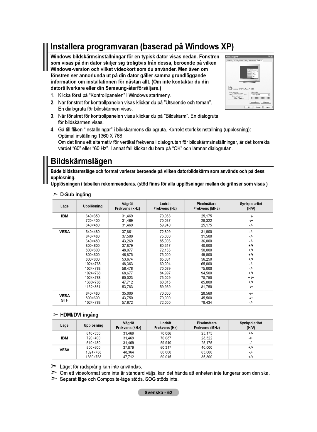 Samsung LE32MM8 manual Installera programvaran baserad på Windows XP, Bildskärmslägen, Sub ingång, HDMI/DVI ingång 