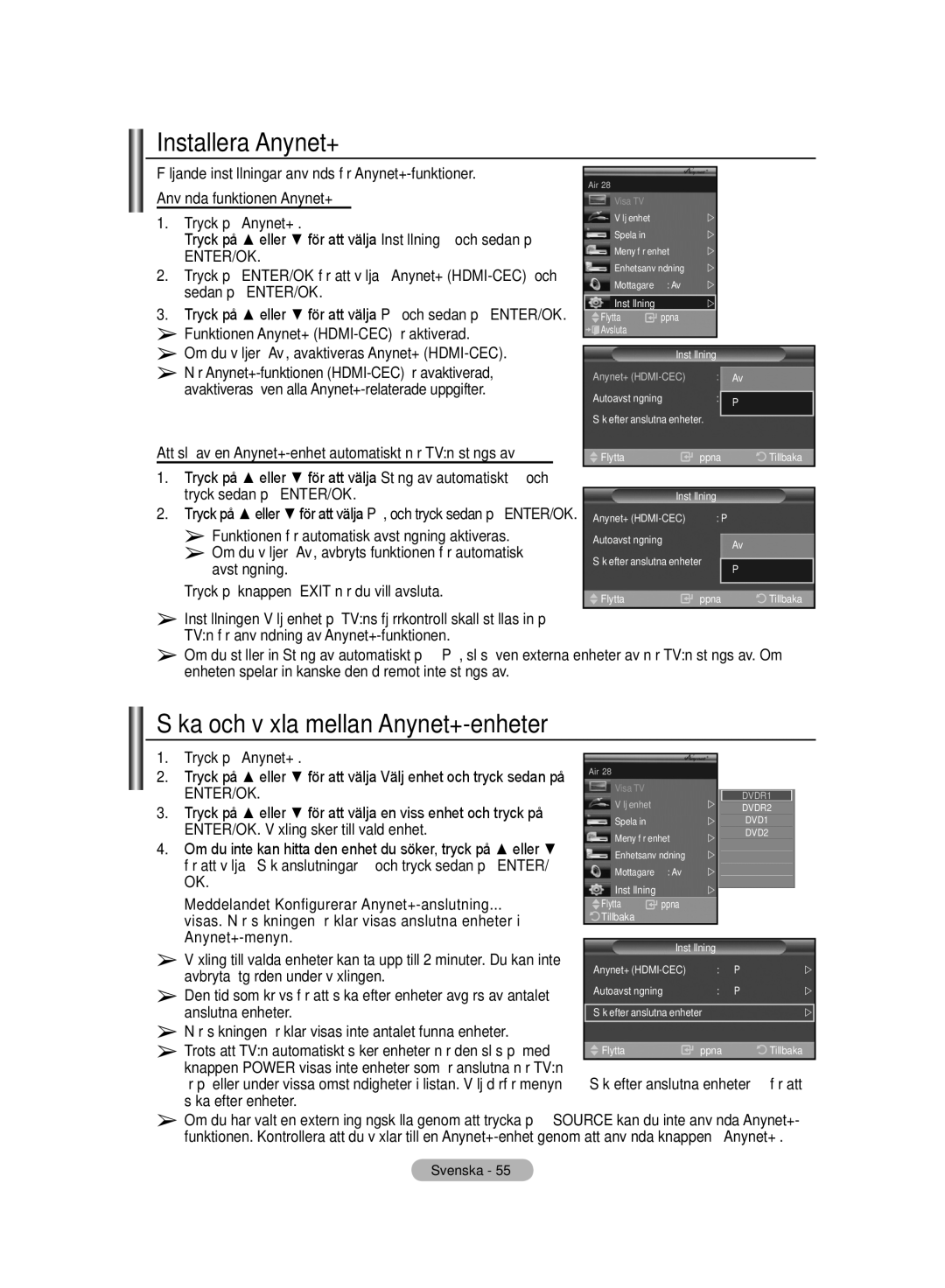 Samsung LE32MM8 manual Installera Anynet+, Söka och växla mellan Anynet+-enheter 