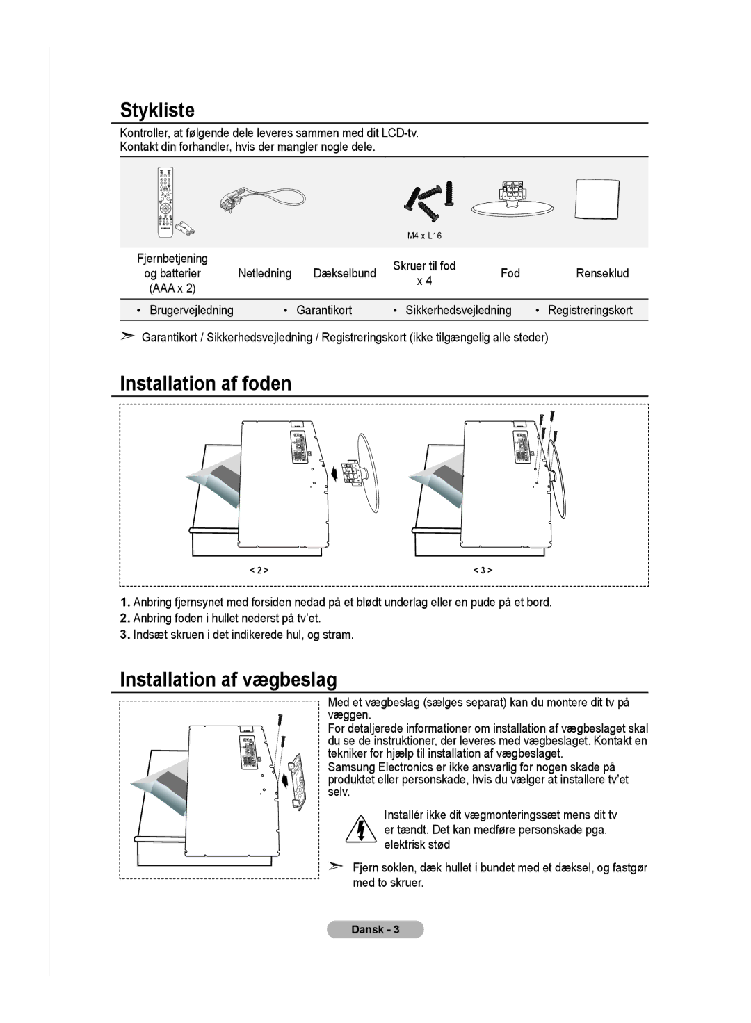 Samsung LE32MM8 manual Stykliste, Installation af foden, Installation af vægbeslag, Netledning Dækselbund Fod 