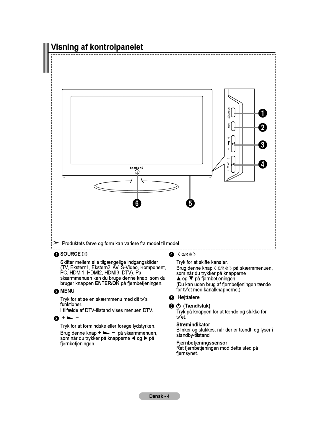 Samsung LE32MM8 manual Visning af kontrolpanelet, Højttalere, Tænd/sluk, Strømindikator 