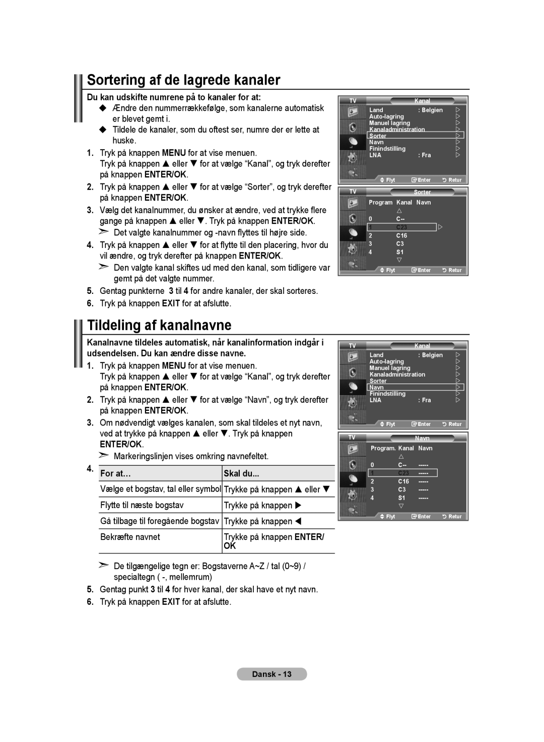 Samsung LE32MM8 Sortering af de lagrede kanaler, Tildeling af kanalnavne, Du kan udskifte numrene på to kanaler for at 