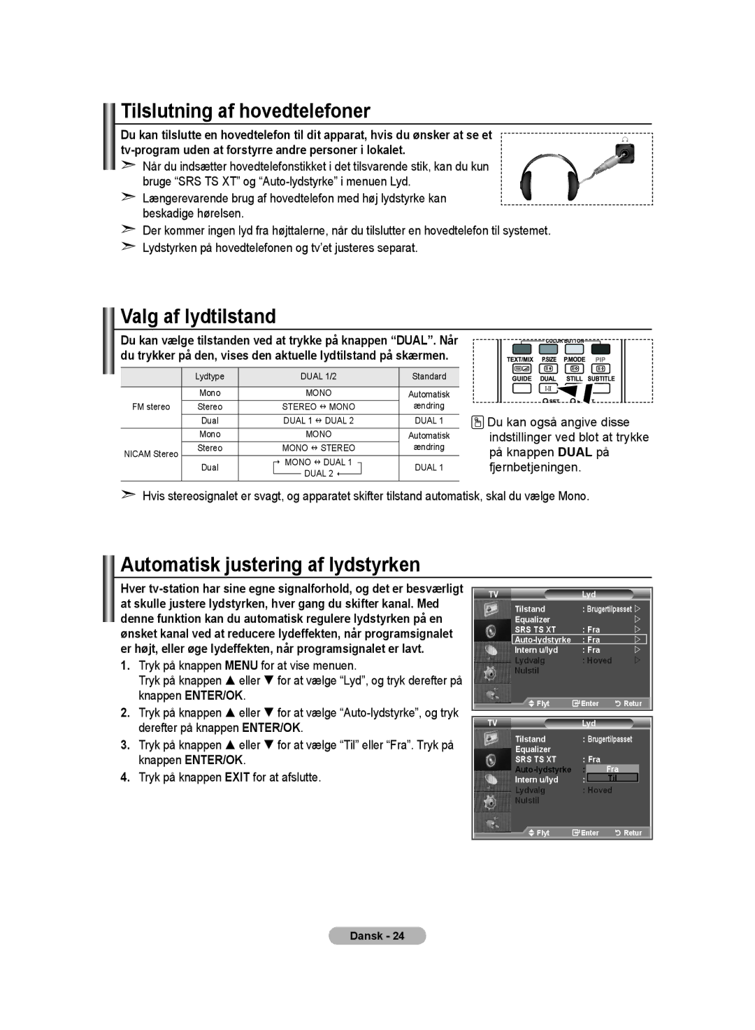 Samsung LE32MM8 manual Tilslutning af hovedtelefoner, Automatisk justering af lydstyrken, Du kan også angive disse 