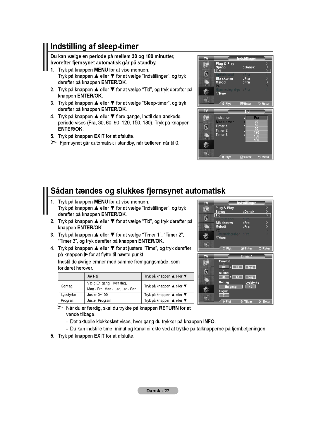 Samsung LE32MM8 manual Indstilling af sleep-timer, Sådan tændes og slukkes fjernsynet automatisk 