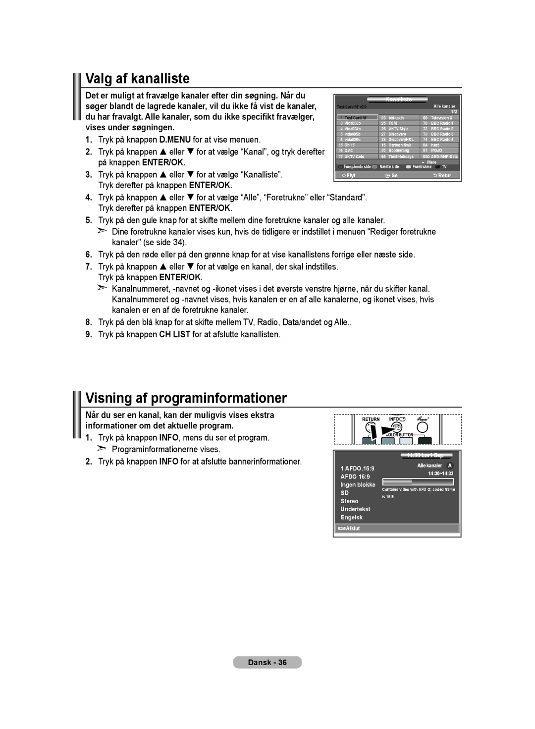 Samsung LE32MM8 manual Valg af kanalliste, Visning af programinformationer 