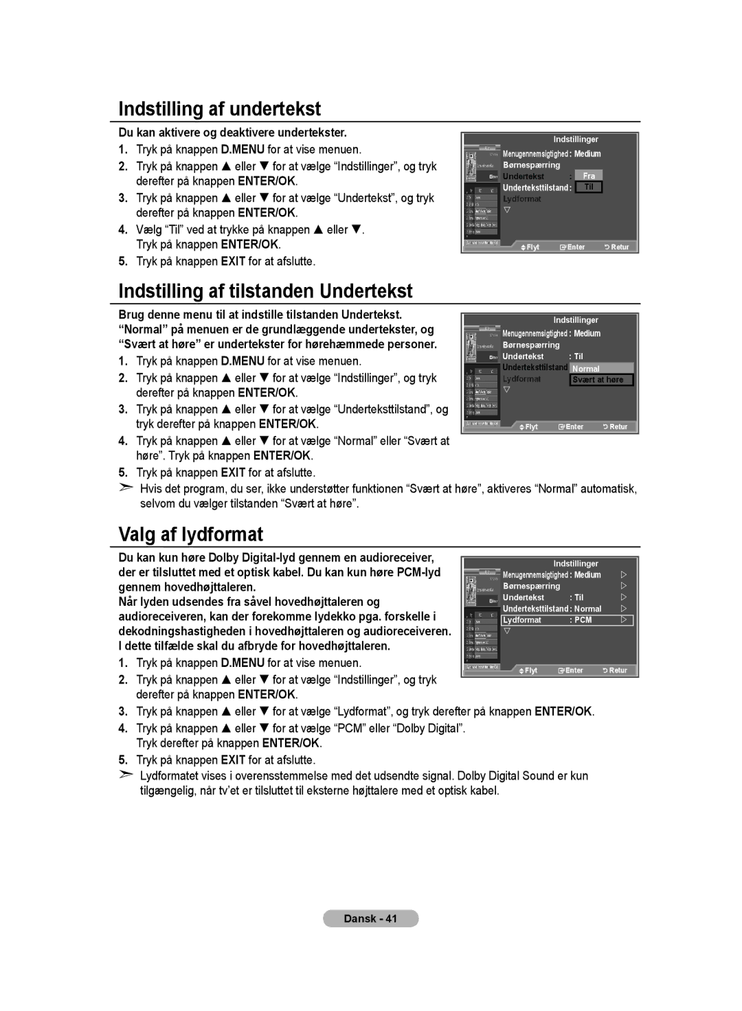 Samsung LE32MM8 manual Indstilling af undertekst, Indstilling af tilstanden Undertekst, Valg af lydformat 