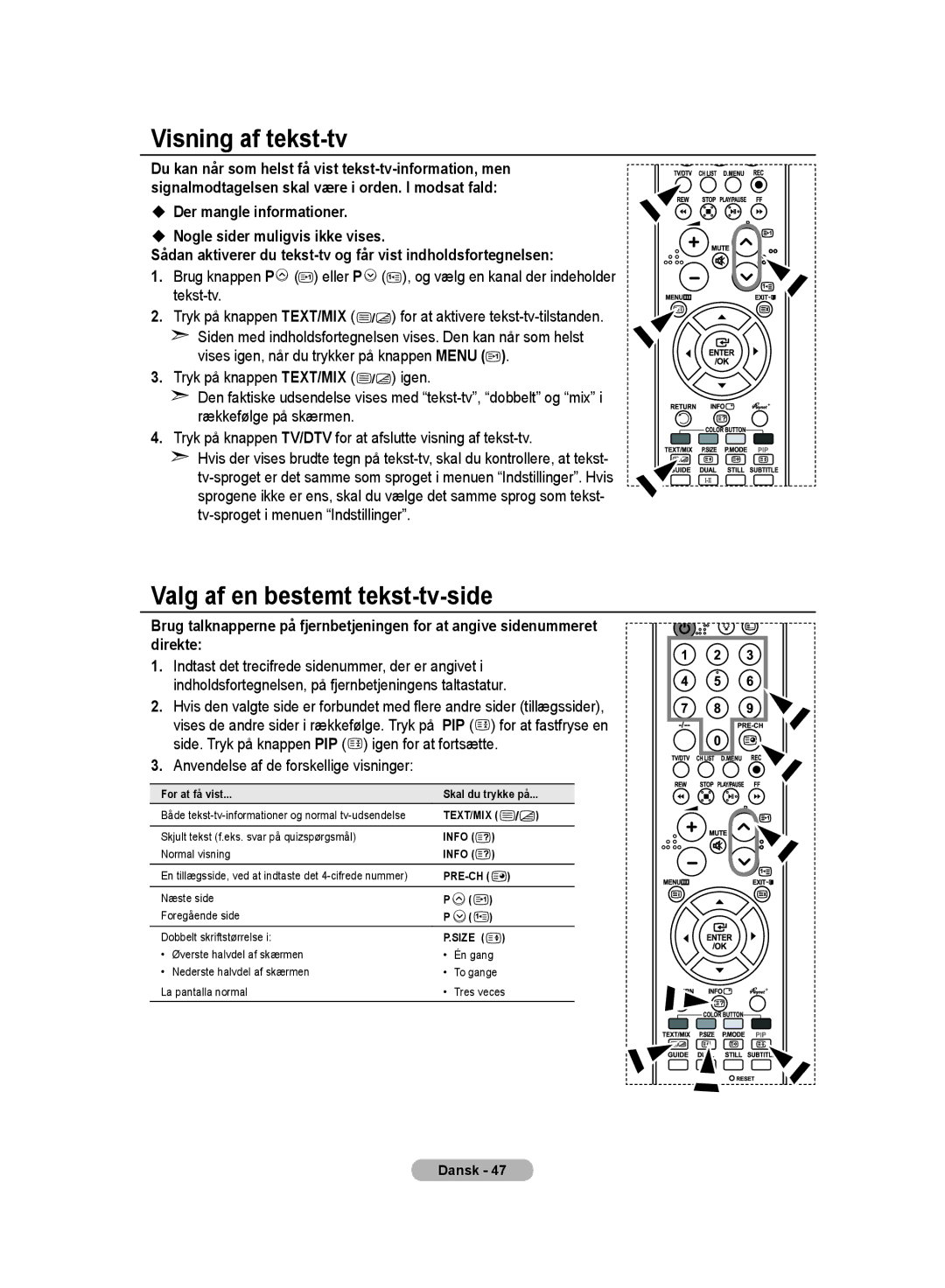 Samsung LE32MM8 manual Visning af tekst-tv, Valg af en bestemt tekst-tv-side, Anvendelse af de forskellige visninger 