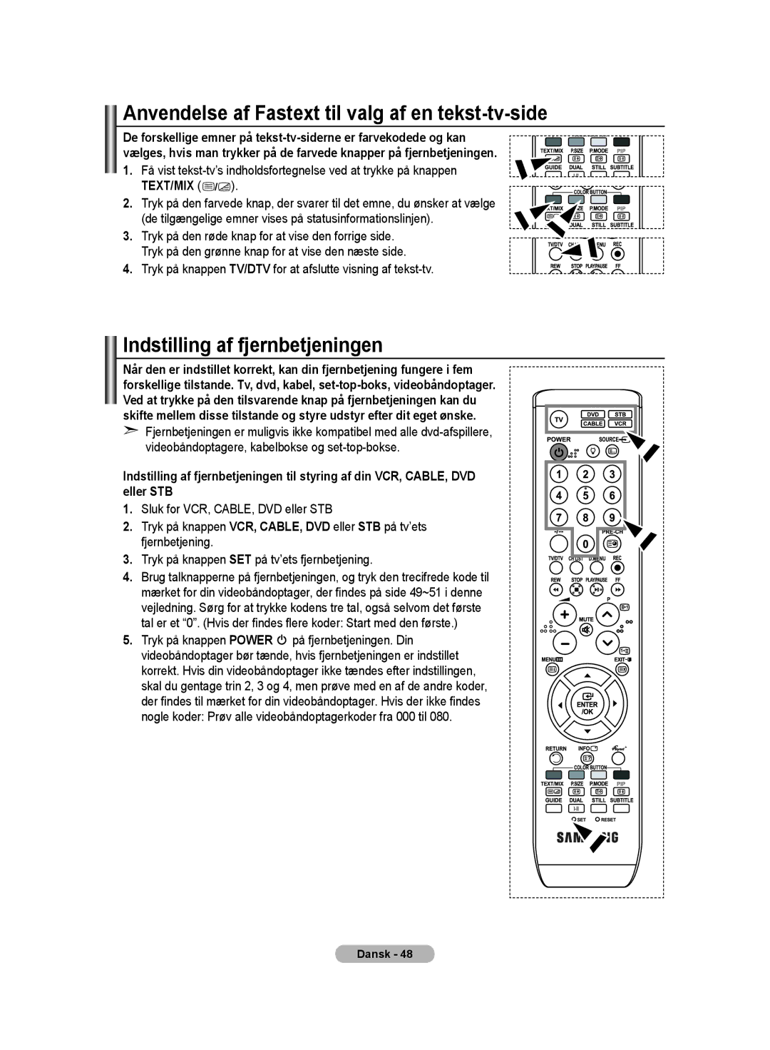 Samsung LE32MM8 manual Anvendelse af Fastext til valg af en tekst-tv-side, Indstilling af fjernbetjeningen 