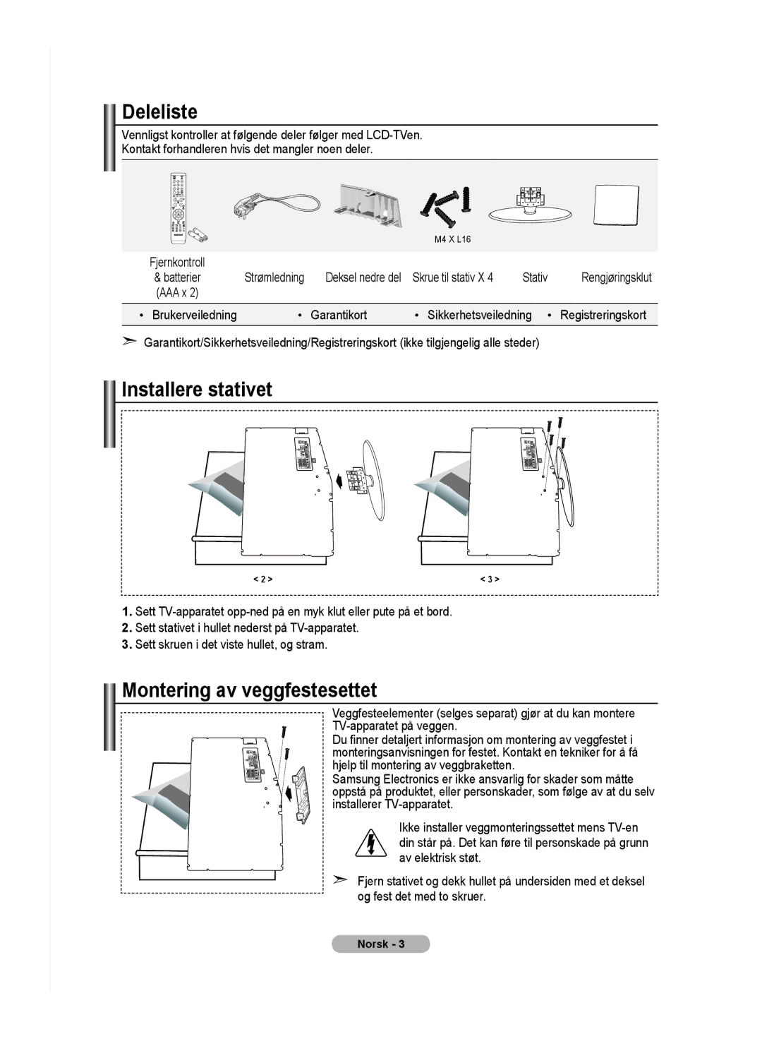 Samsung LE32MM8 manual Deleliste, Installere stativet, Montering av veggfestesettet, Strømledning Deksel nedre del 