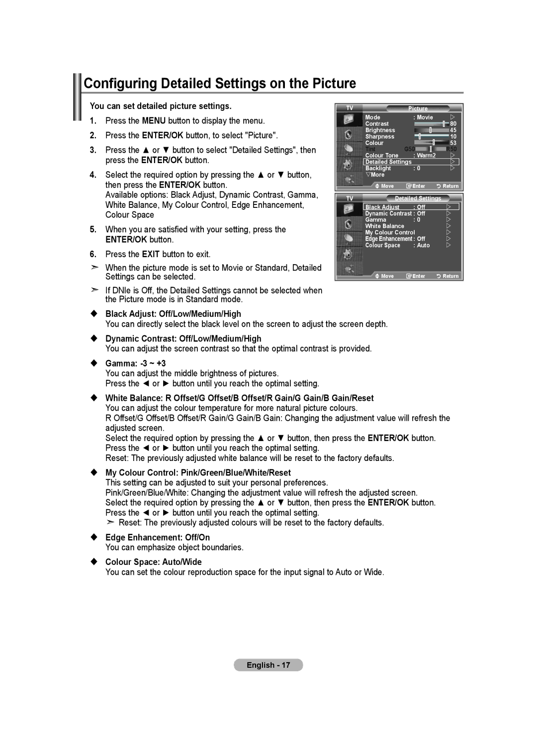 Samsung LE32MM8 manual Configuring Detailed Settings on the Picture 