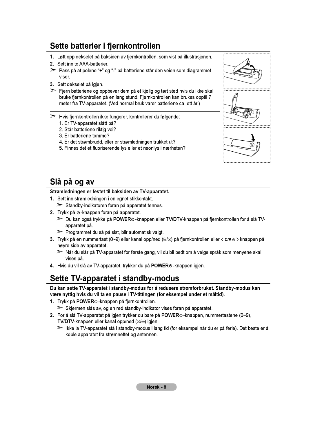 Samsung LE32MM8 manual Sette batterier i fjernkontrollen, Slå på og av, Sette TV-apparatet i standby-modus 