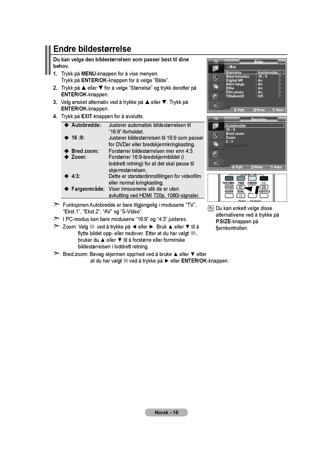 Samsung LE32MM8 manual Endre bildestørrelse, Avkutting ved Hdmi 720p, 1080i-signaler 